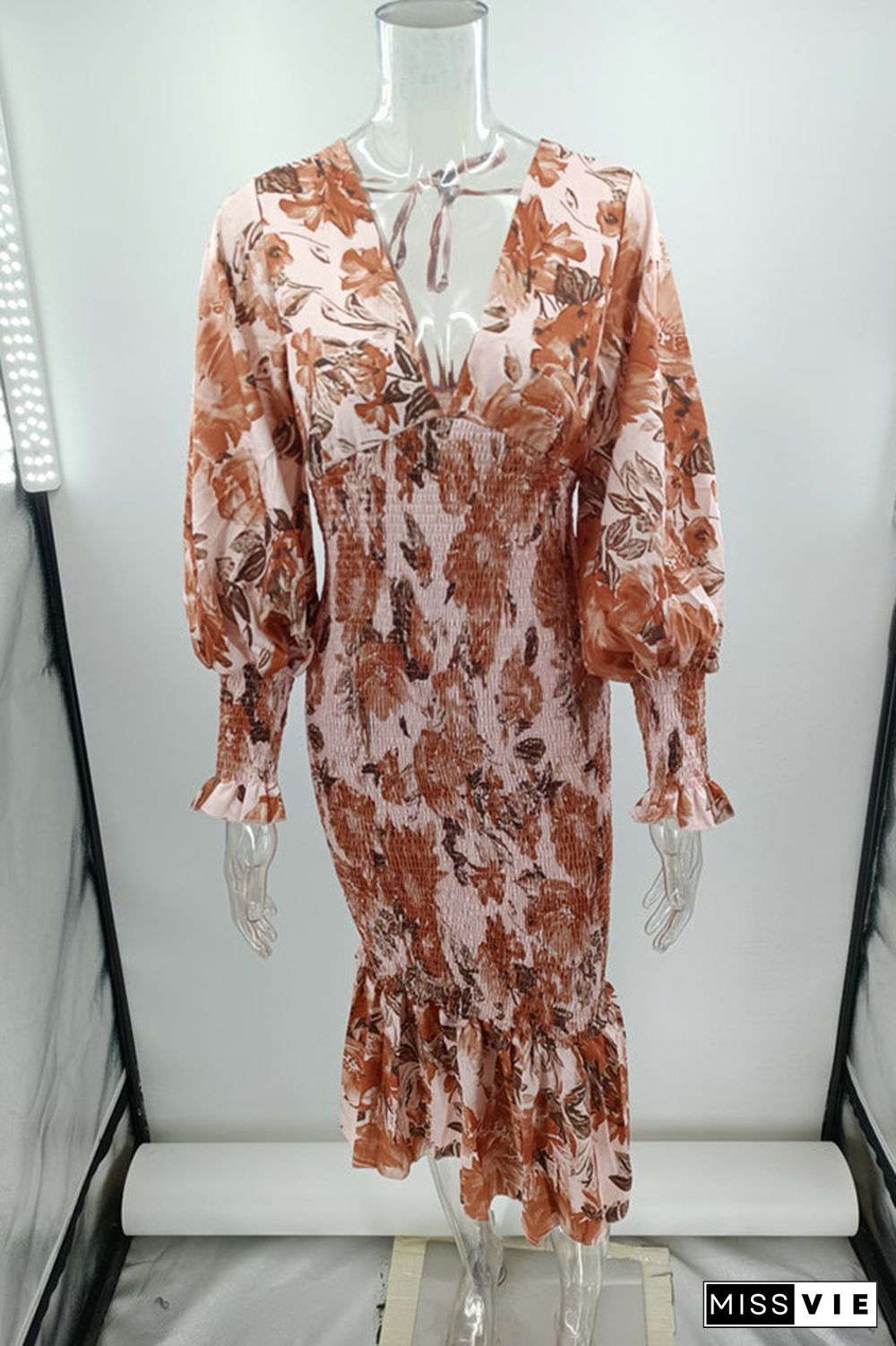 Deep V Neck Floral Print Balloon Sleeve Slim Dress