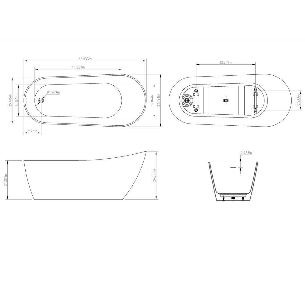 Golden Vantage Freestanding 66.9 in. Fiberglass Flatbottom Modern Stand Alone Non-Whirlpool Bathtub in Glossy White BTKW91