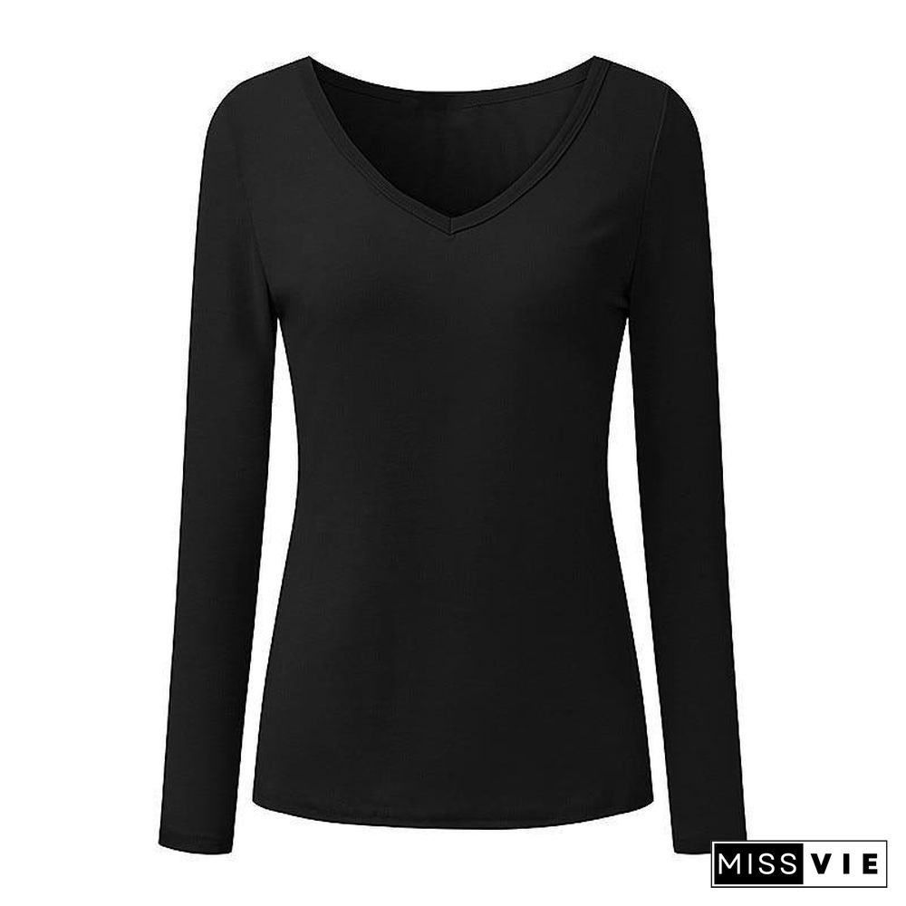 Plus Size Women Fashion Cotton Long Sleeve Casual T-Shirt Tee V-Neck Tops