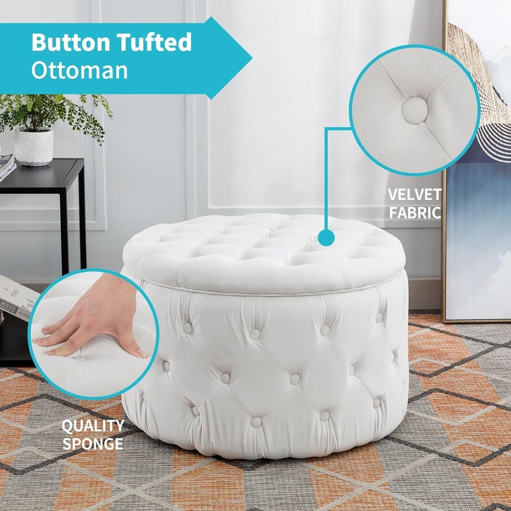 Mixoy Large Round Velvet Storage Ottoman  Button Tufted Footrest Stool