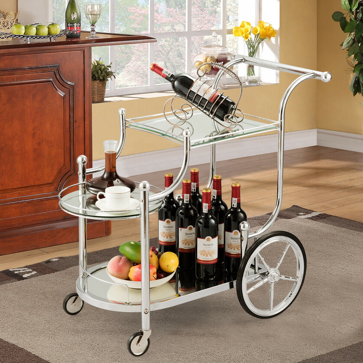 Gymax Serving Cart Kitchen Bar Wine Tea Cart Glass Shelves and Metal Frame with Wheels