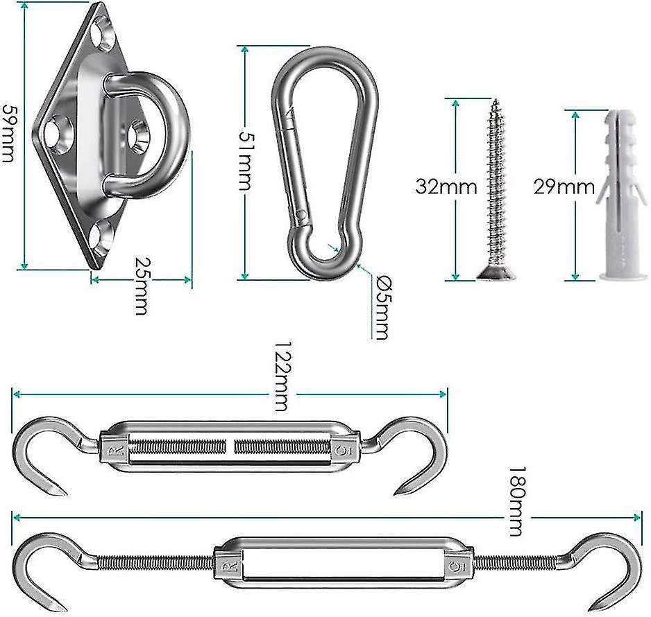 Shade Sail Fixing Kit，44 Pcs Stainless Mounting Kit Sail Shade Fixings， Hardware Fixing Accessories Kit