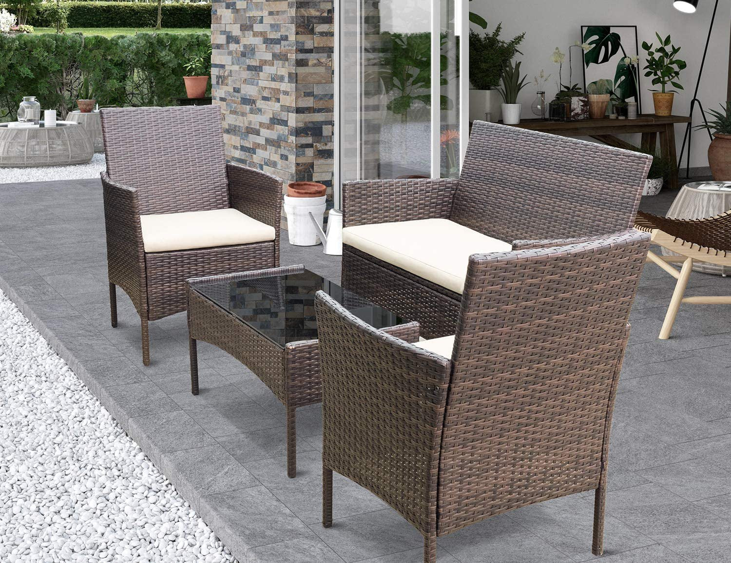 Lacoo 4 Pieces Outdoor Patio Furniture Black PE Rattan Wicker Table and Chairs Set Bars with Cushioned Tempered Glass, Beige Cushion