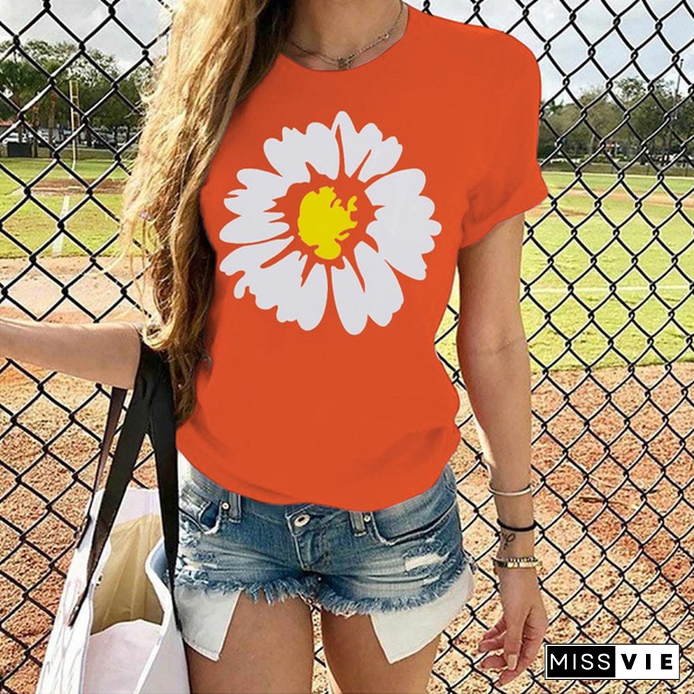 Funny Daisy Printed T-shirts For Women Summer Short Sleeve Round Neck Cute Loose T-shirt Creative Personalized Tops