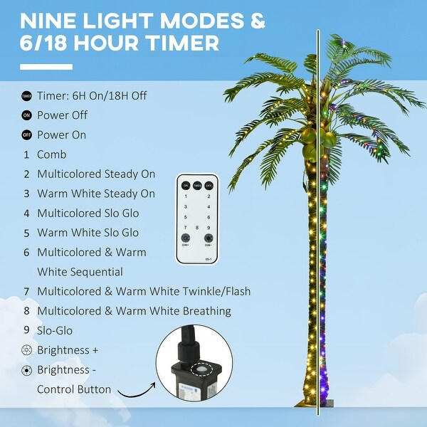 Outsunny 8' Artificial Lighted Palm Tree with 5 Coconuts，350 LED Light，Color Changing Light Up Tropical Palm Tree with Remote