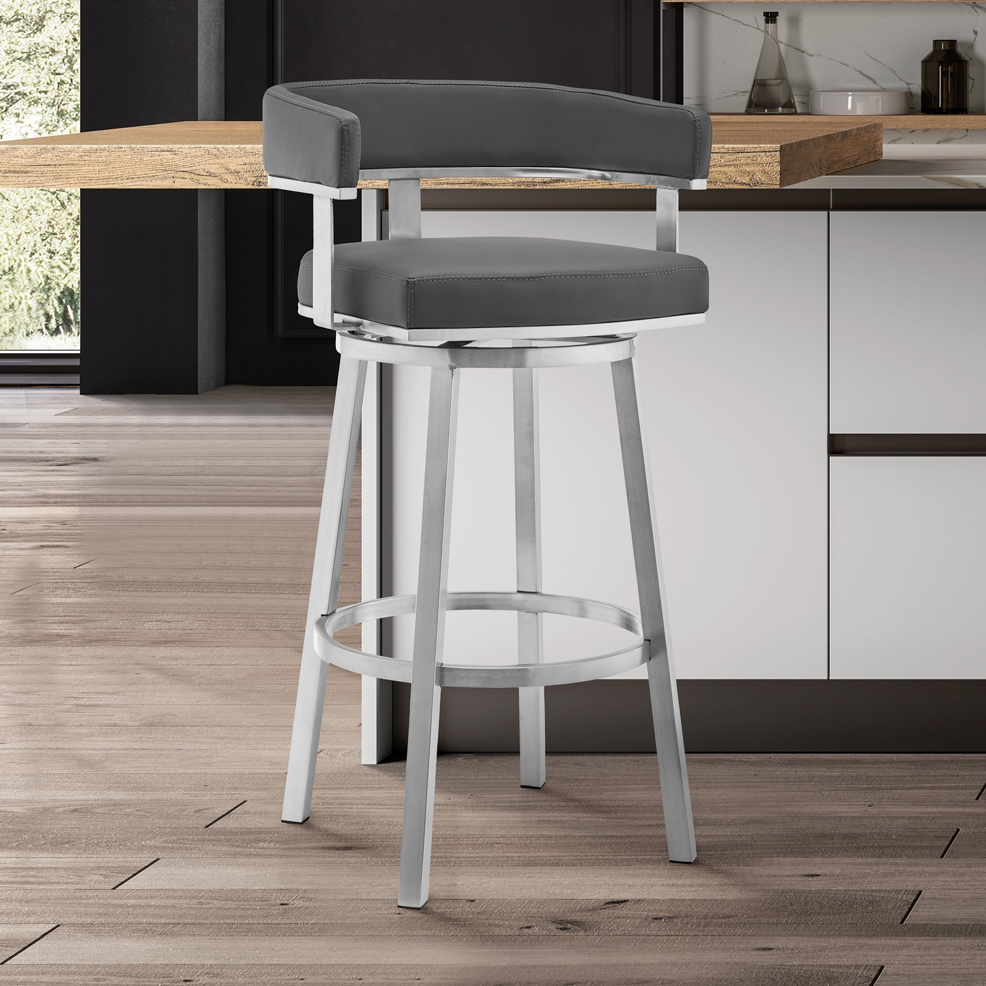 Armen Living Lorin Bar Stool with 360-Degree Swivel， Gray