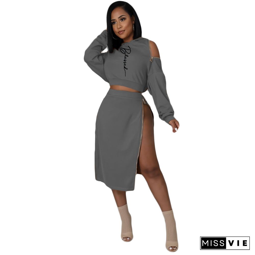 Letter Print Hooded Crop Top Zip Slit Skirt Set