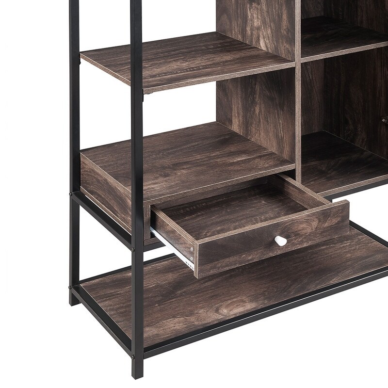 Vintage Brown 5 Tier Bookcase and Bookshelf with Doors and Drawers