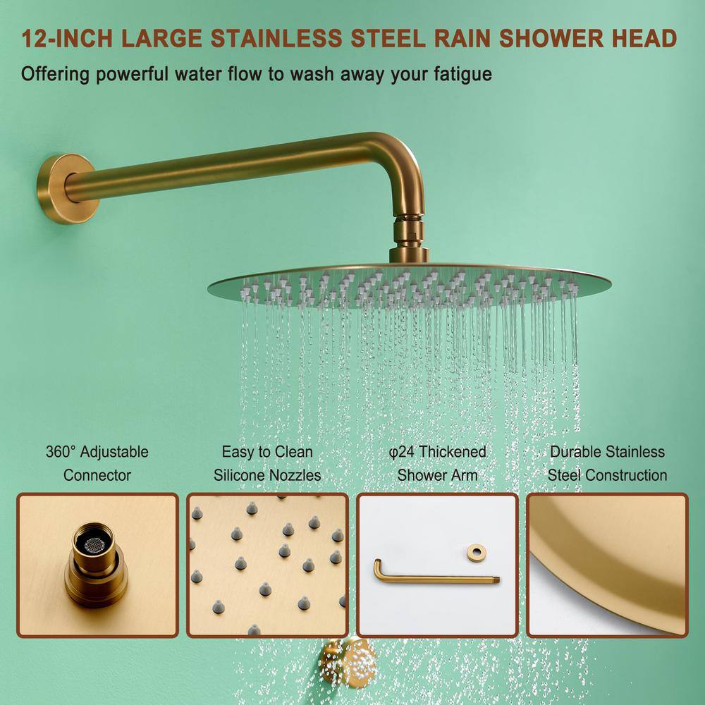 Mondawe Pressure Balanced 3-Spray Patterns 12 in. Wall Mounted Rainfall Dual Shower Heads with 6 Body Spray in Brushed Gold WF6823-12BG