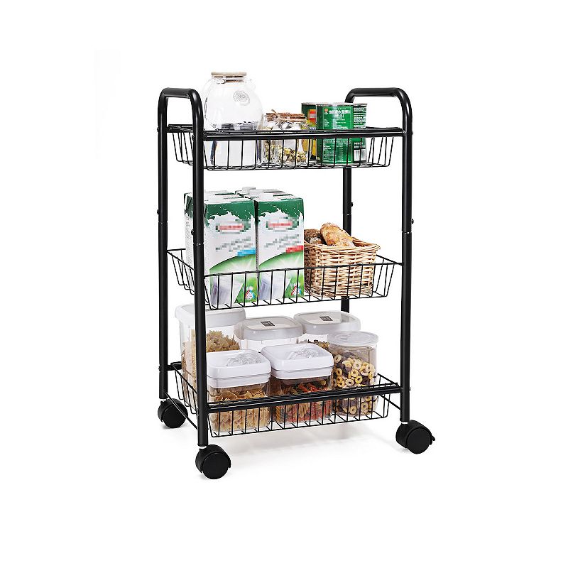 3-tier Metal Rolling Cart on Wheels with Baskets， Lockable Utility Trolley with Handles