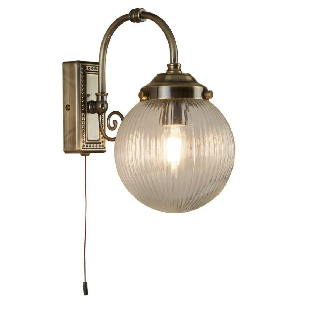 Britalia BRT330040 Antique Brass Bathroom Vintage Wall Light with Rib Globe Glass