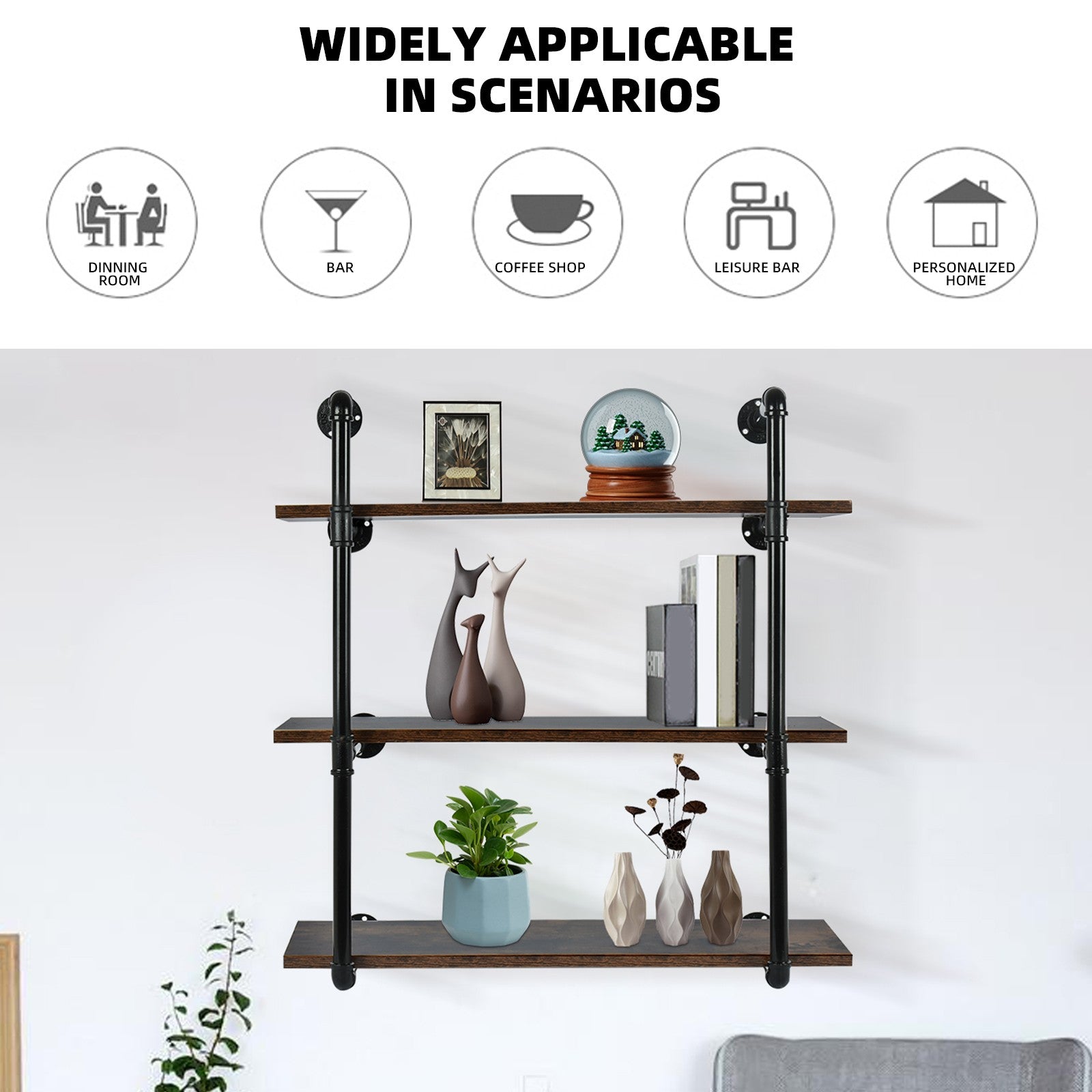 Aligament Industrial Retro Wall Mounted Iron Pipe Shelves, DIY Floating Storage Shelf