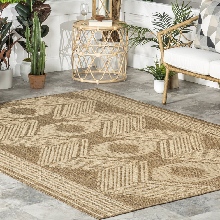 Kendall Geometric Indoor / Outdoor Patio Area Rug in Tan