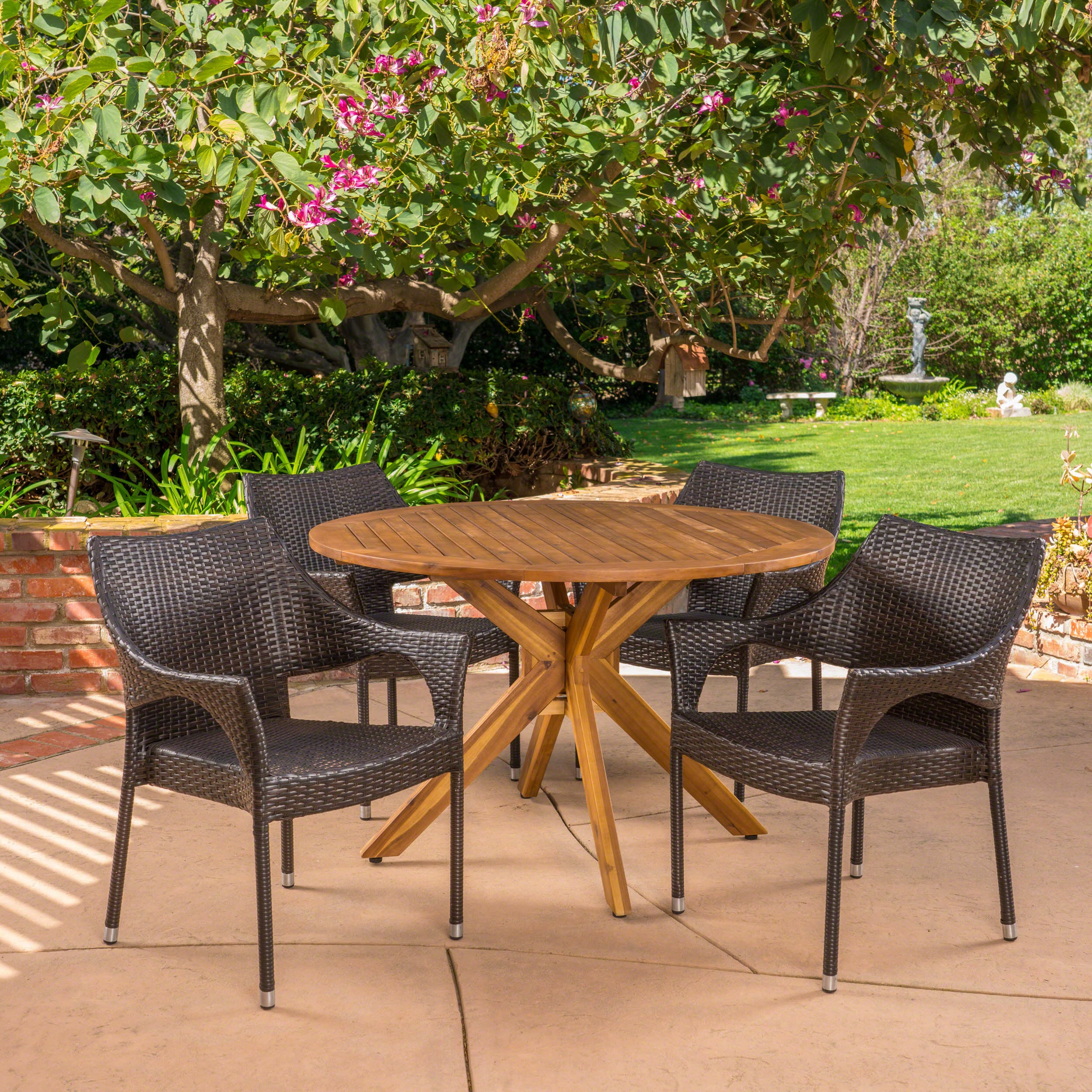 Pirav Outdoor 5 Piece Multibrown Wicker Dining Set with Teak Finish Circular Acacia Wood Dining Table