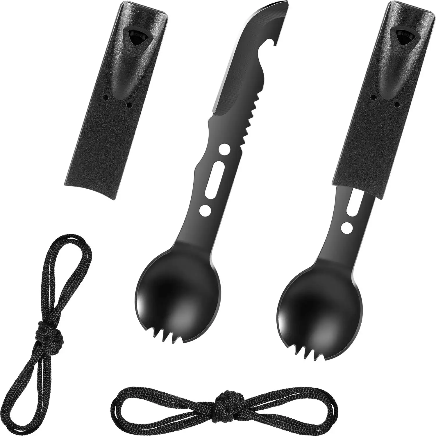 Stainless Steel Multi functional Camping Spork Set Spoon Fork Flatware Spork with Bottle Opener and Whistle for Camping Hiking