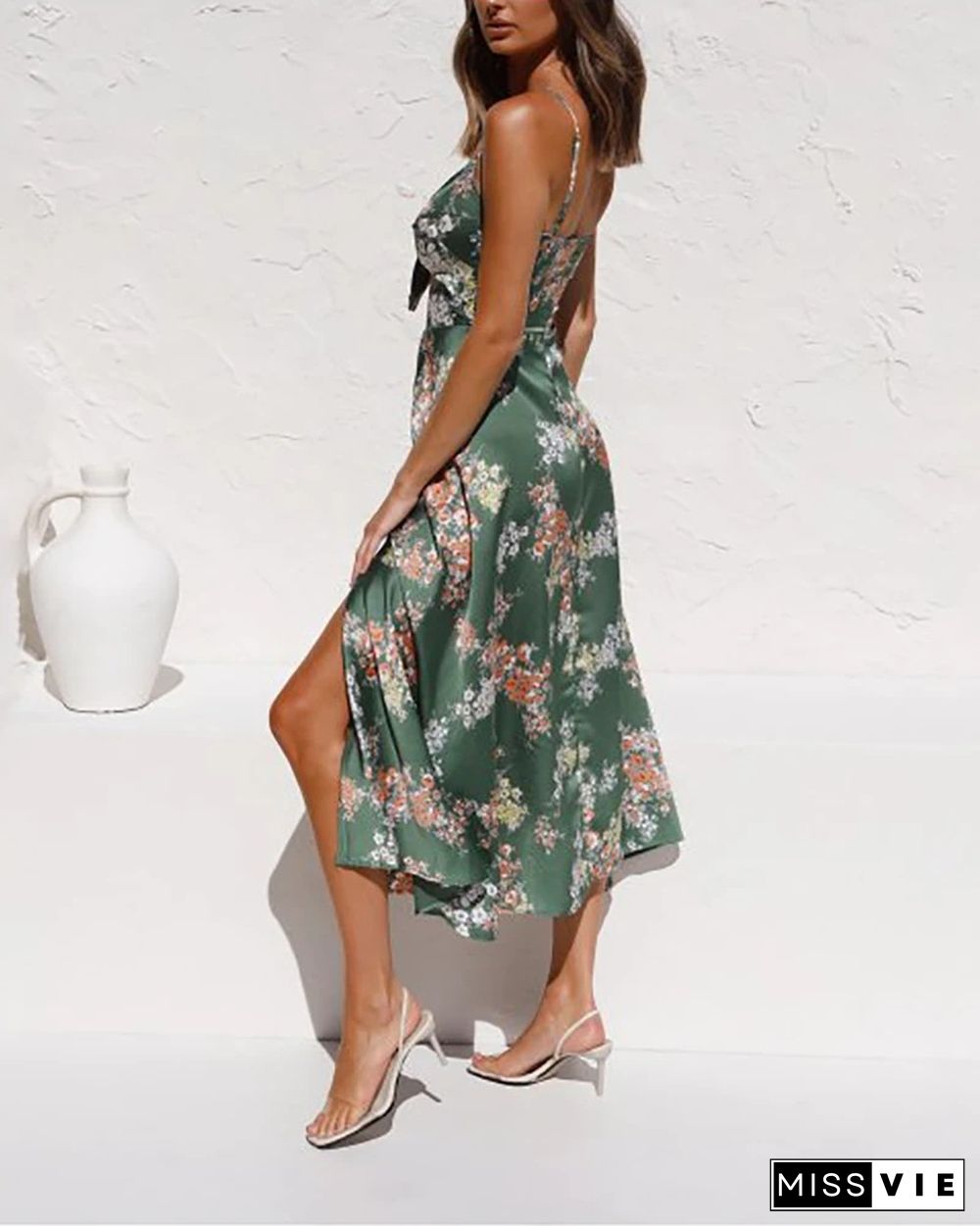 Floral Silky Front Slit Cut Out Tie Front Cami Dress