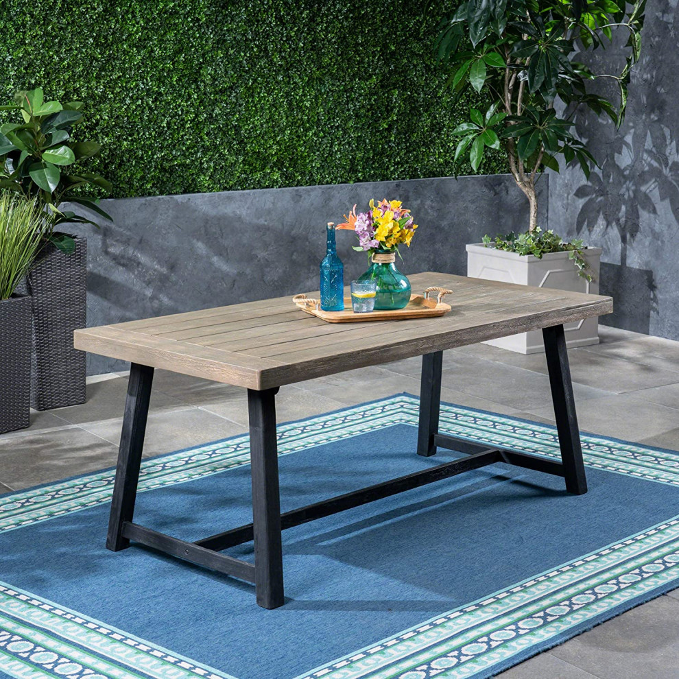 Rustic Patio Dining Table  Black Metal Base With Sandblast Gray Acacia Wood Top   Transitional   Outdoor Dining Tables   by Decor Love  Houzz