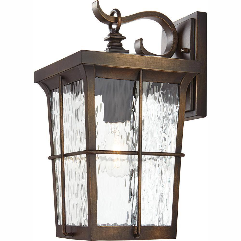 Home Decorators Collection Barrington 1-Light Golden Bronze Outdoor 14 in. Wall Lantern Sconce with Clear Water Glass 23482