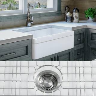 Fossil Blu Luxury White Solid Fireclay 30 in. Single Bowl Farmhouse Apron Kitchen Sink with Stainless Steel Accs and Belted Front WHS1004SS