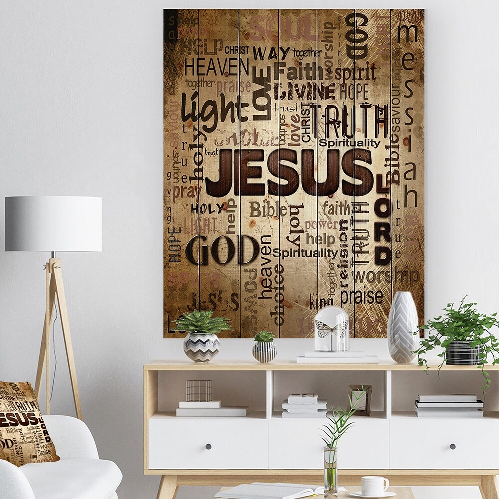 Designart 'Jesus' word cloud in grunge background' Religious Contemporary Print on Natural Pine Wood   Brown