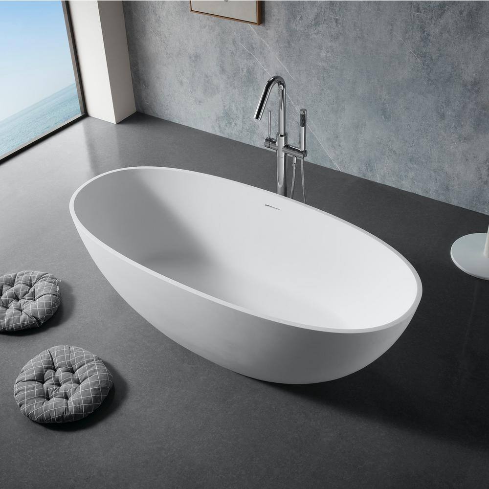 UPIKER 65 in. Stone Resin Oval Flatbottom Non-Whirlpool Freestanding Bathtub Soaking Tub in Matte White UP2212BTS65003