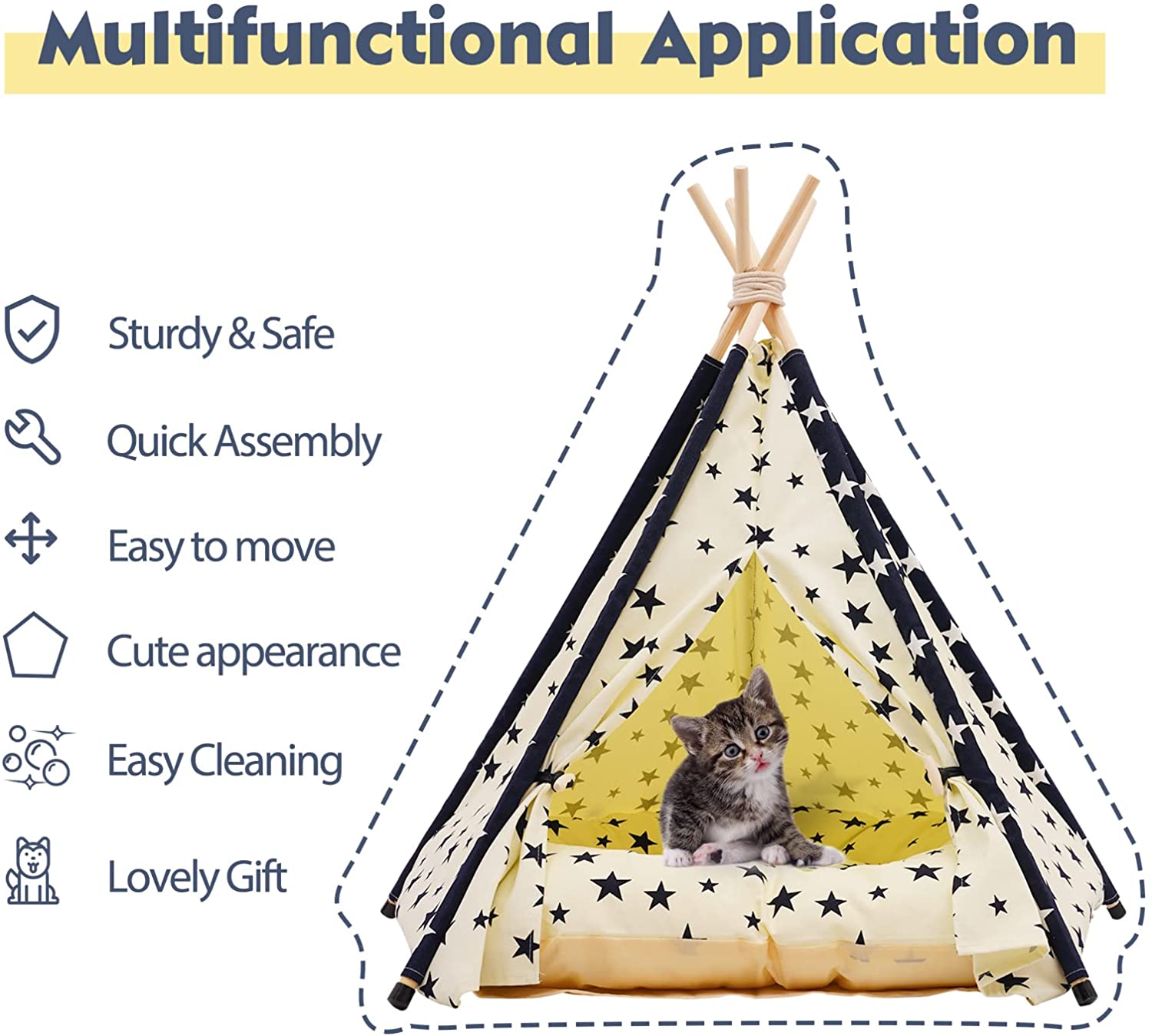 Pet Teepee Tent for Dogs and Cats， 24 Inch Portable Indoor Dog House with Thick Cushion， Cat Teepee Tent Washable