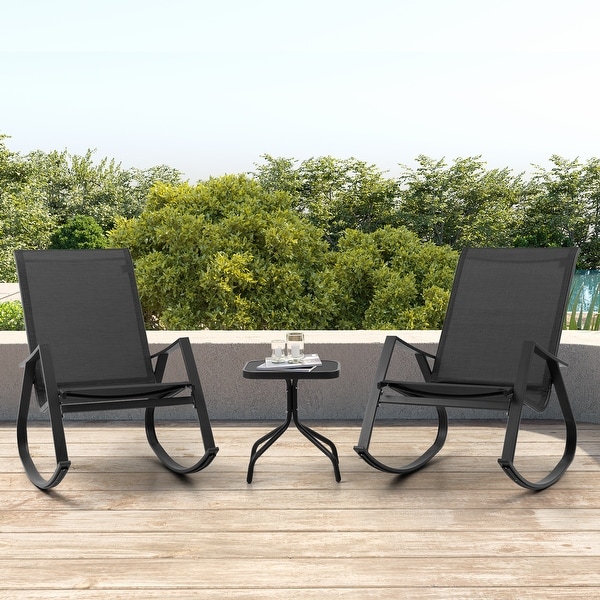 3 PCS Patio Bistro Set，Outdoor Rocking Chairs and Glass Coffee Table Side Table