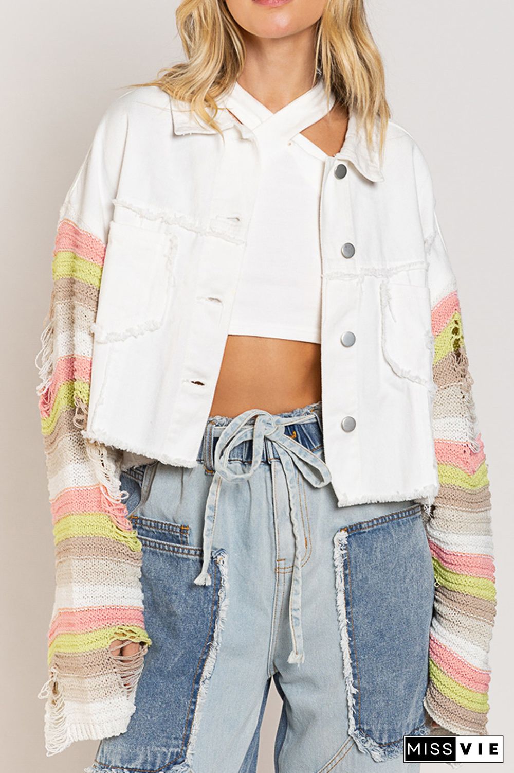 Rainbow Knitting Sleeve Patchwork Ripped Denim Jacket