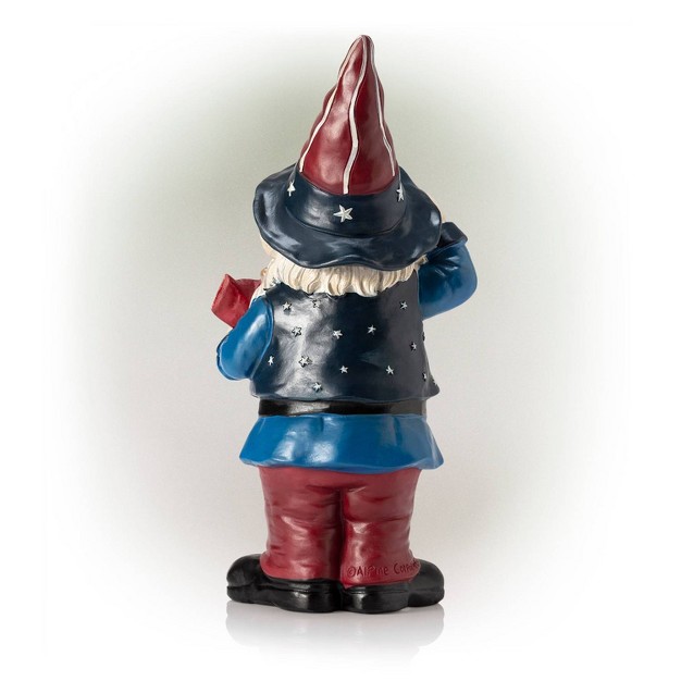 Polyresin stone Americana Saluting Gnome With Flag Red white blue Alpine Corporation