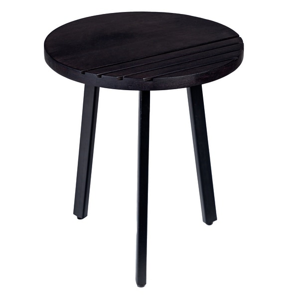 18 Inch Round Mango Wood Side End Table with Metal Legs， Grooved Design