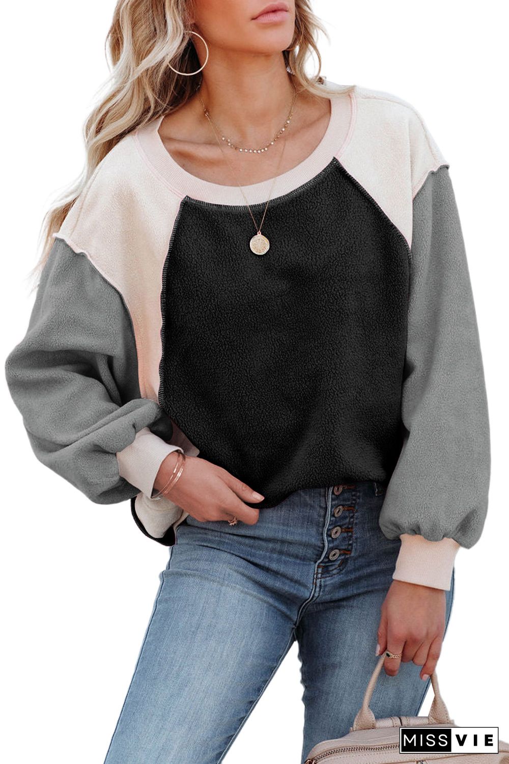 Gray Colorblock Long Sleeve Pullover Fleece Sweatshirt