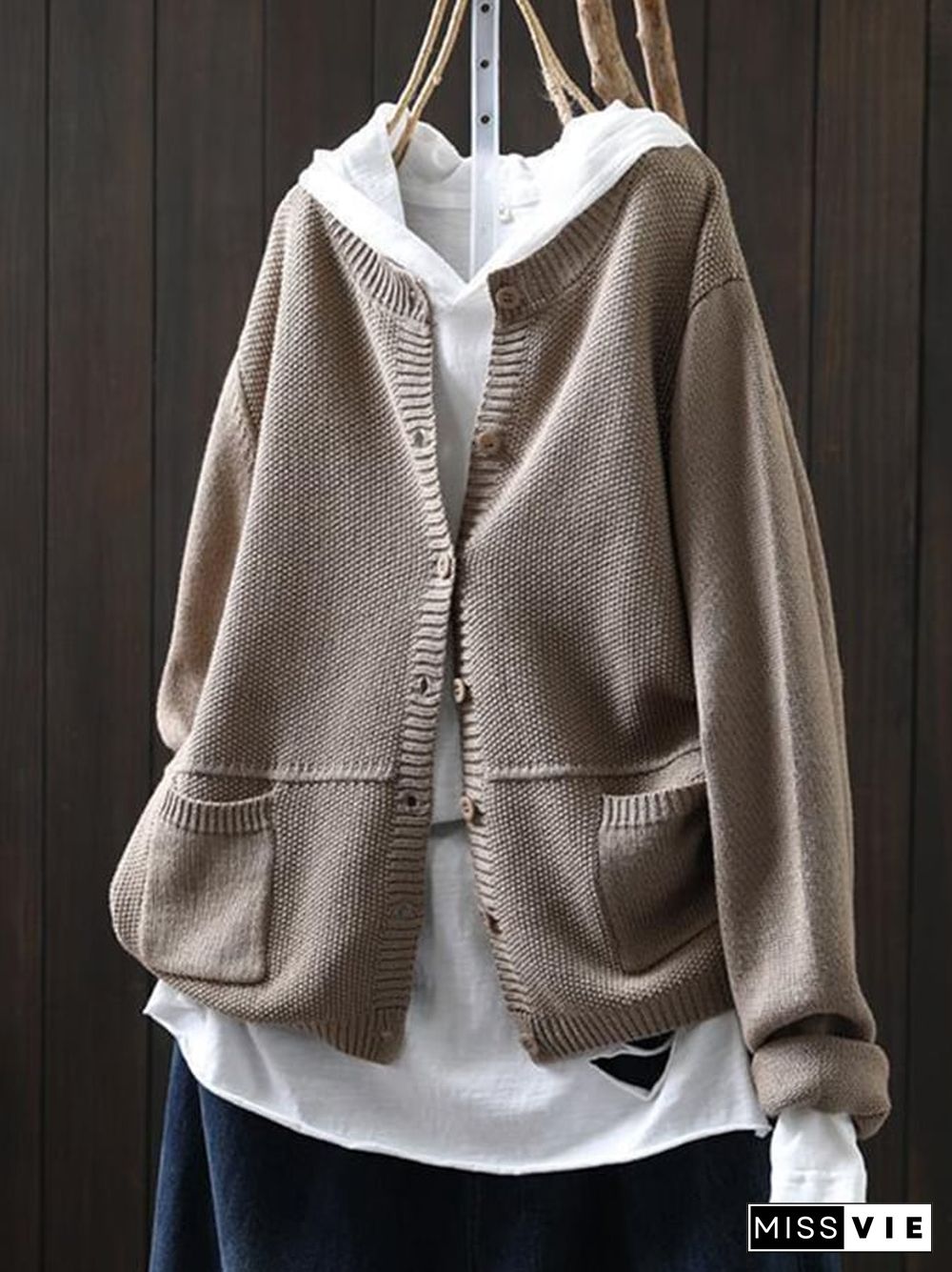 Women's Loose Art Casual Double Pocket Knitted Sweater Jacket