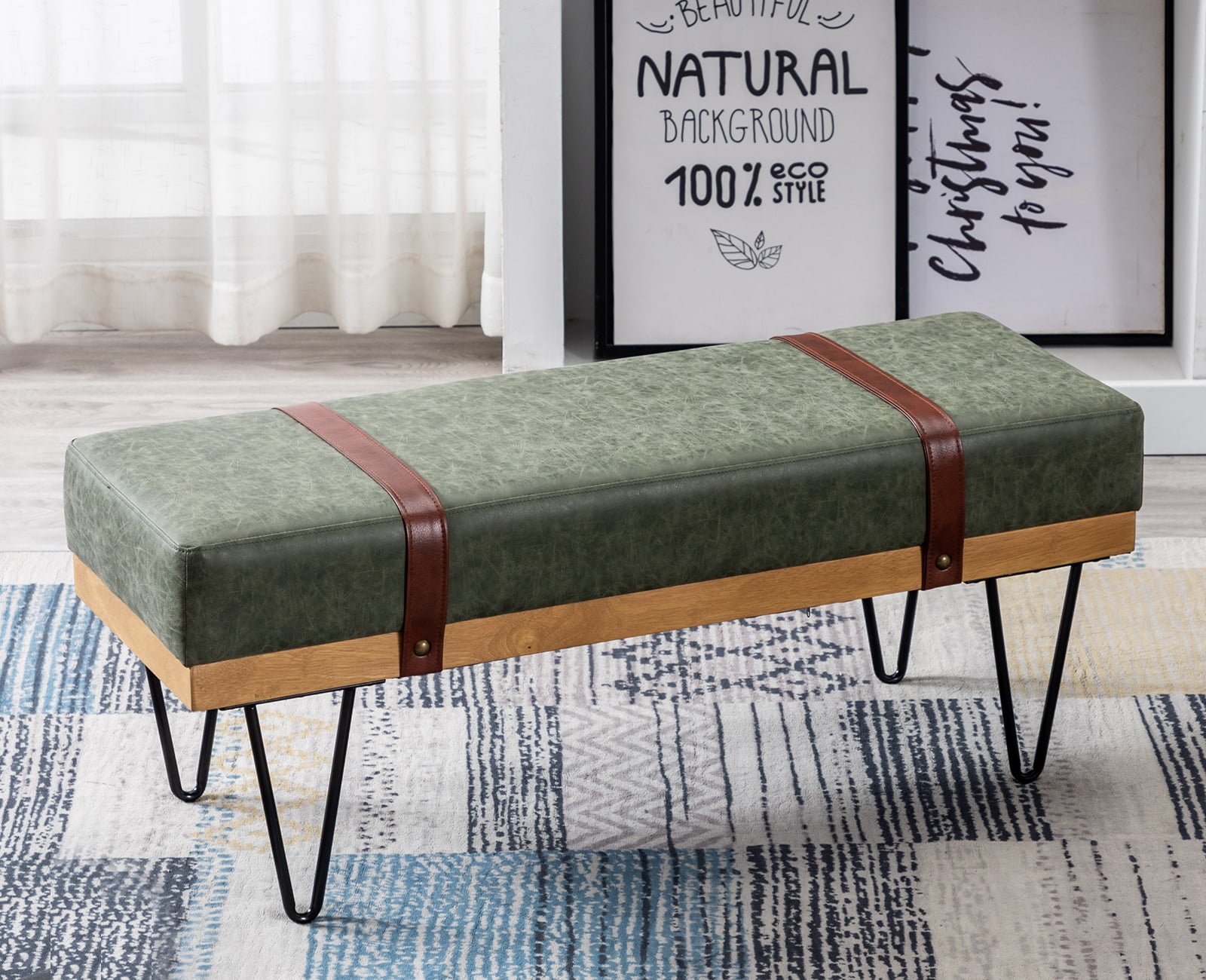 Guyou Modern Faux Leather Rectangle Ottoman Bench with Two Straps and Metal Legs, Upholstered Bed End Bench Entryway Shoe Bench Dining Table Bench Footstool for Bedroom Living Room, Green