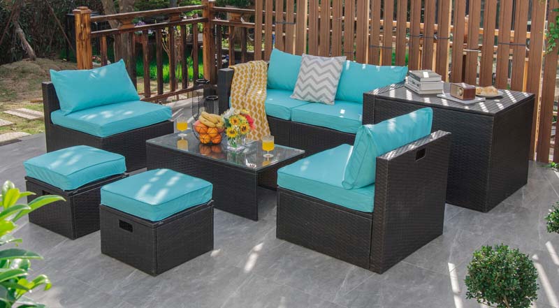 8 Pcs Rattan Patio Sectional Sofa Set with Storage Box & Waterproof Cover