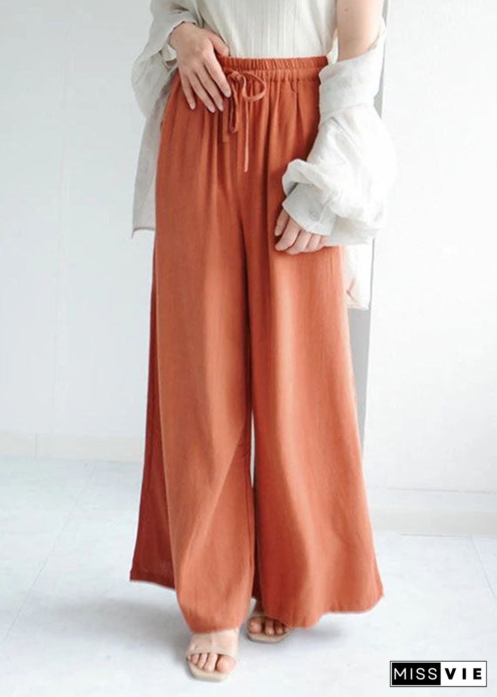 Orange Pockets Linen Crop Pants Wide Leg Spring