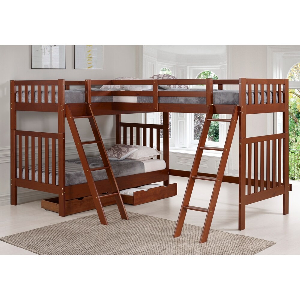 Aurora Solid Wood Twin Over Twin Bunk Bed with Third Bunk Extension   Storage Drawers