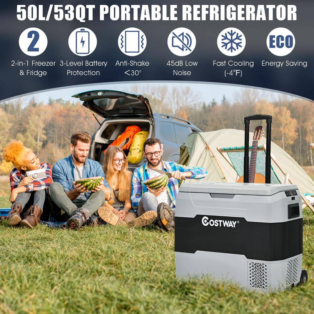 Costway Gray Portable 53 QT50 L with Wheels Chest Cooler Car Refrigerator -4F to 50F Dual-Zone EP24943GR