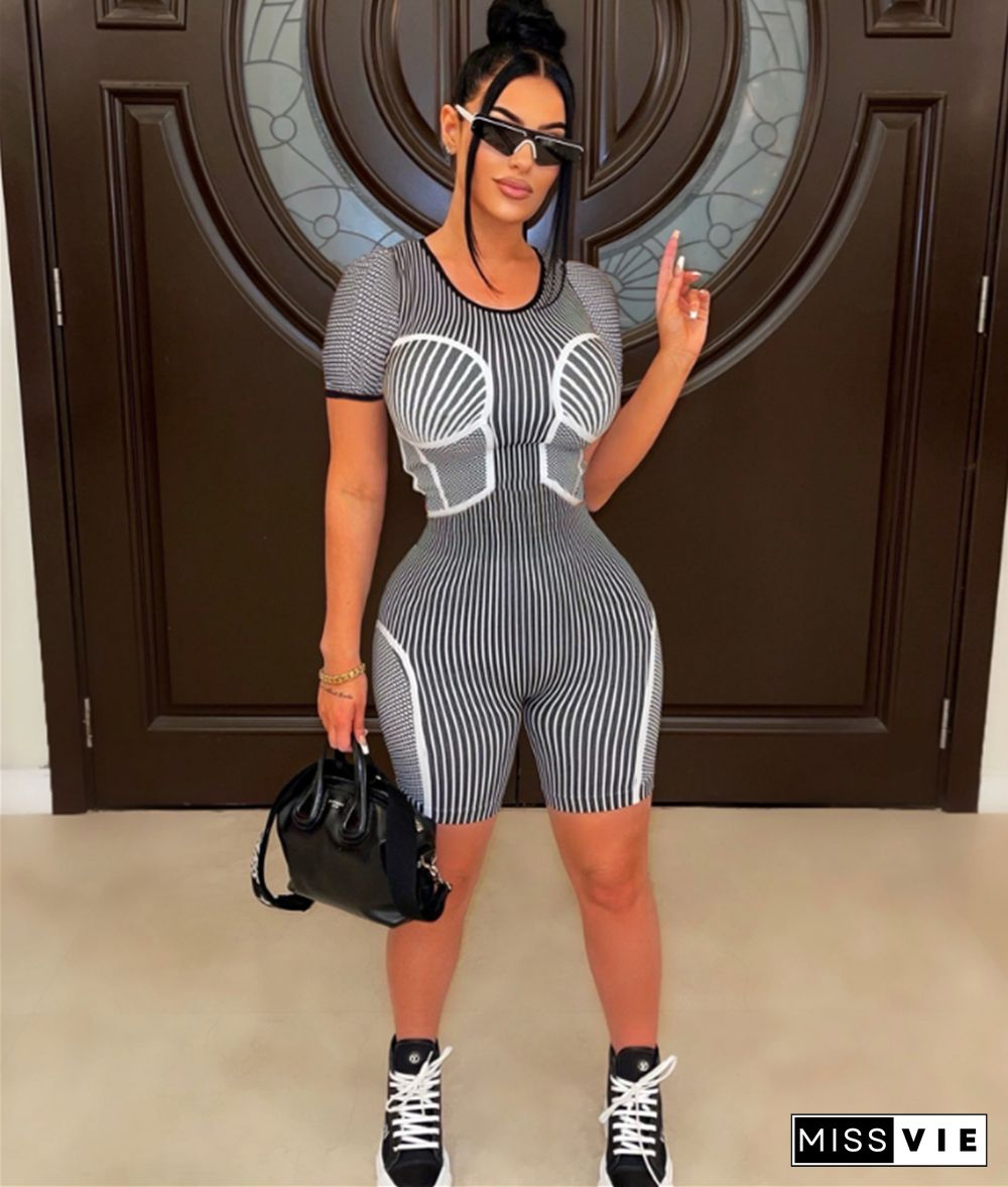 Striped Short Sleeve O Neck Skinny Fitness Rompers