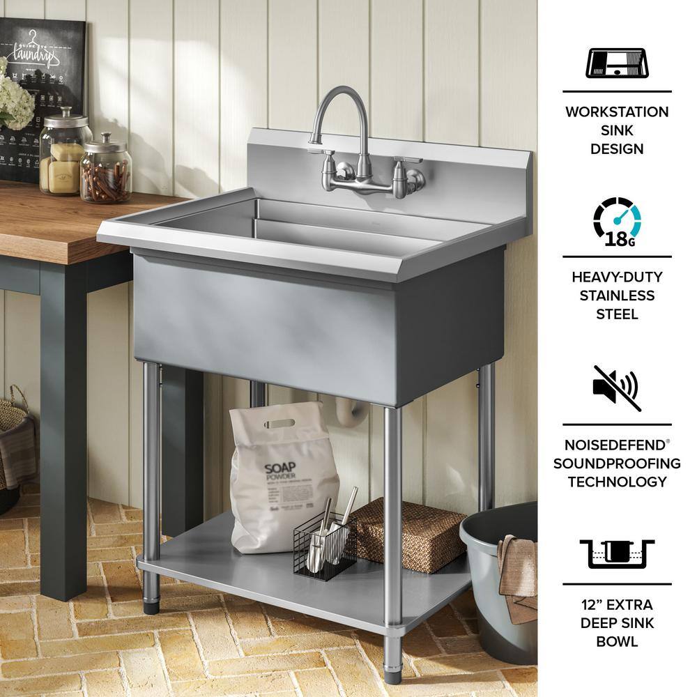 KRAUS Kore 32 in. W 18-Gauge Workstation Stainless Steel Single Bowl Commercial Utility Laundry Sink for Wall Mount Faucet KWS100-32