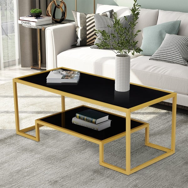 Glass Coffee Table and End Table Set， Modern Tempered Glass Center Table with Open Storage Shelf Rectangle Tea Table