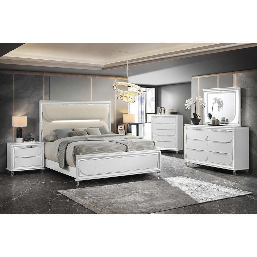 Rebecca 5 Piece White Upholstered LED Panel Bedroom Set