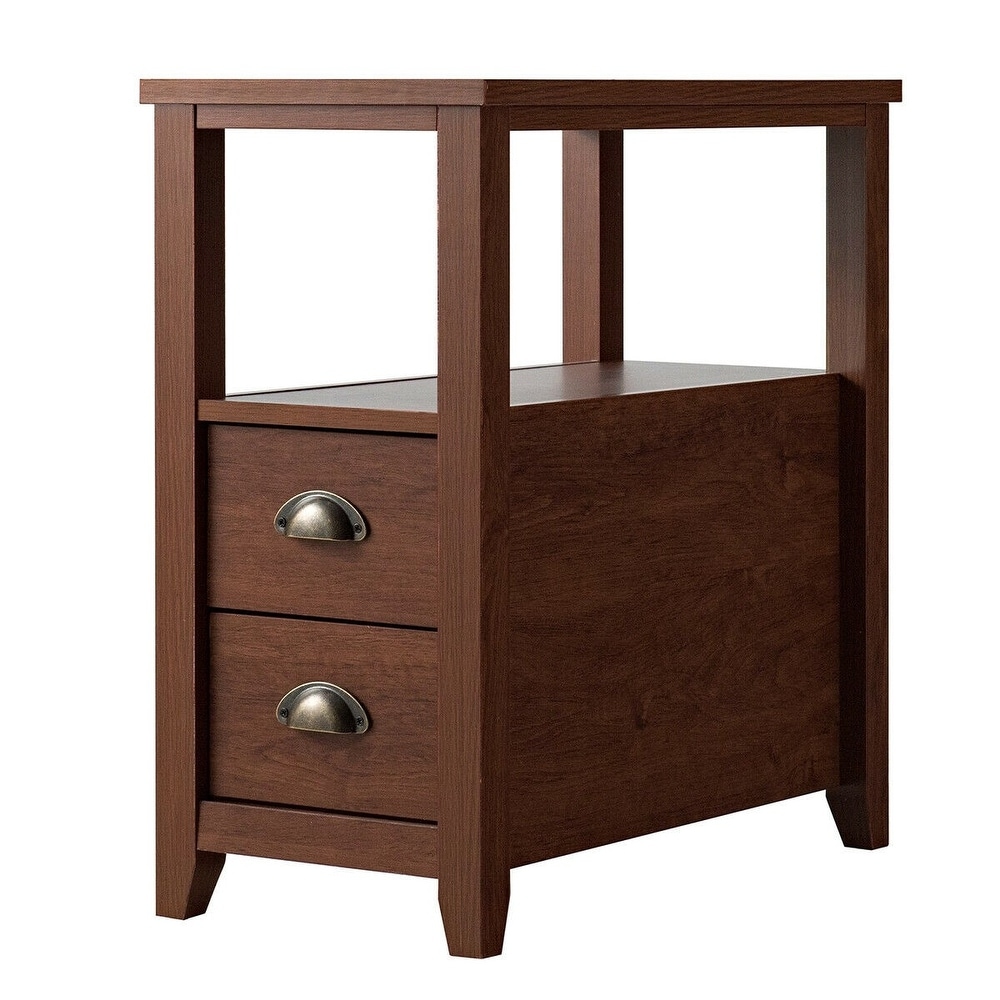 End Table Wooden with 2 Drawers and Shelf Bedside Table Espresso   23.5\