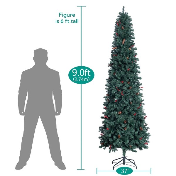 6.5ft Pencil Christmas Tree Prelit preDecorated with Pine Cones Red Berries 250 Warm Lights and Metal Stand