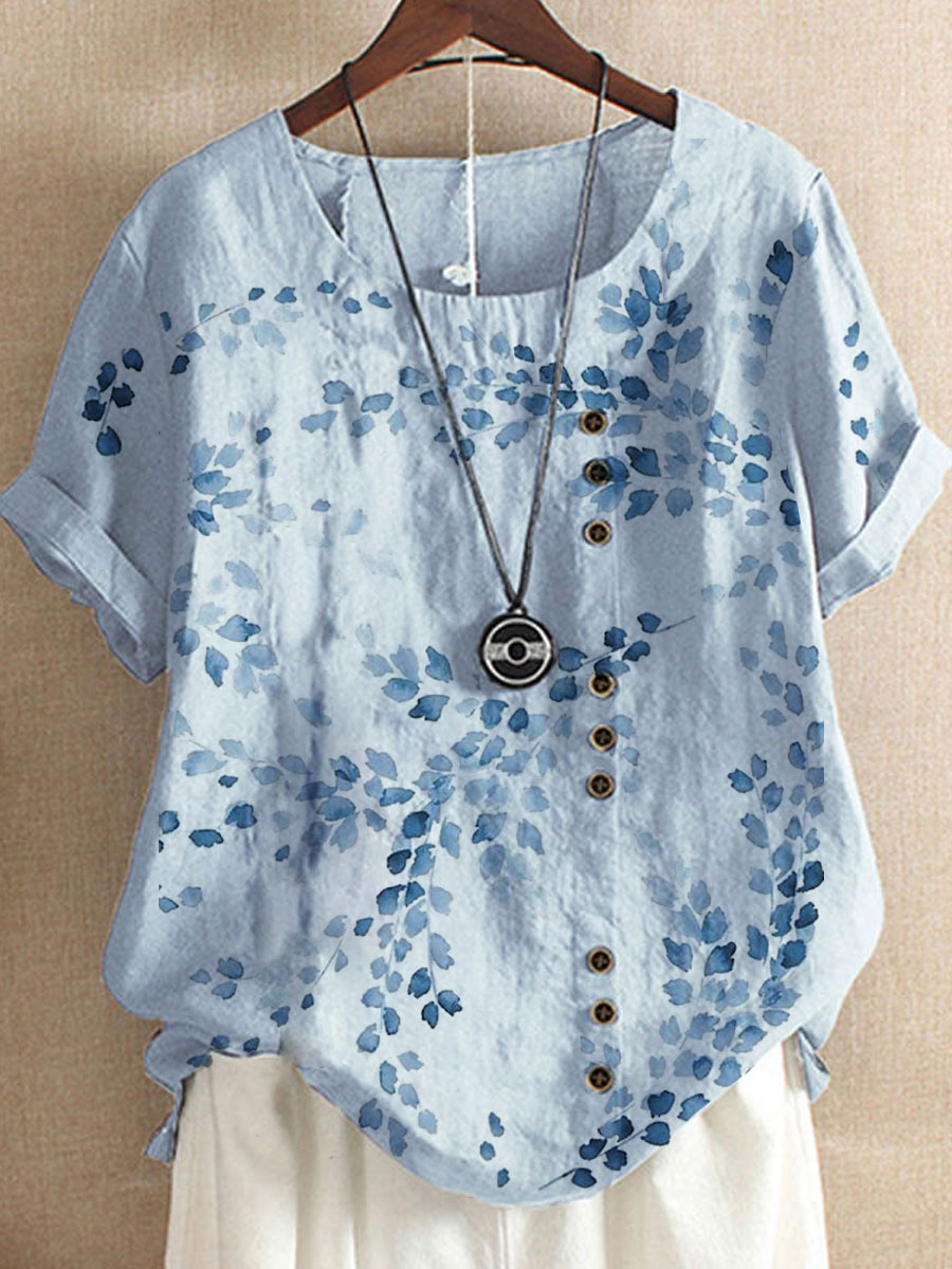 Round Neck Cotton And Linen Printed Short-sleeved Blouse