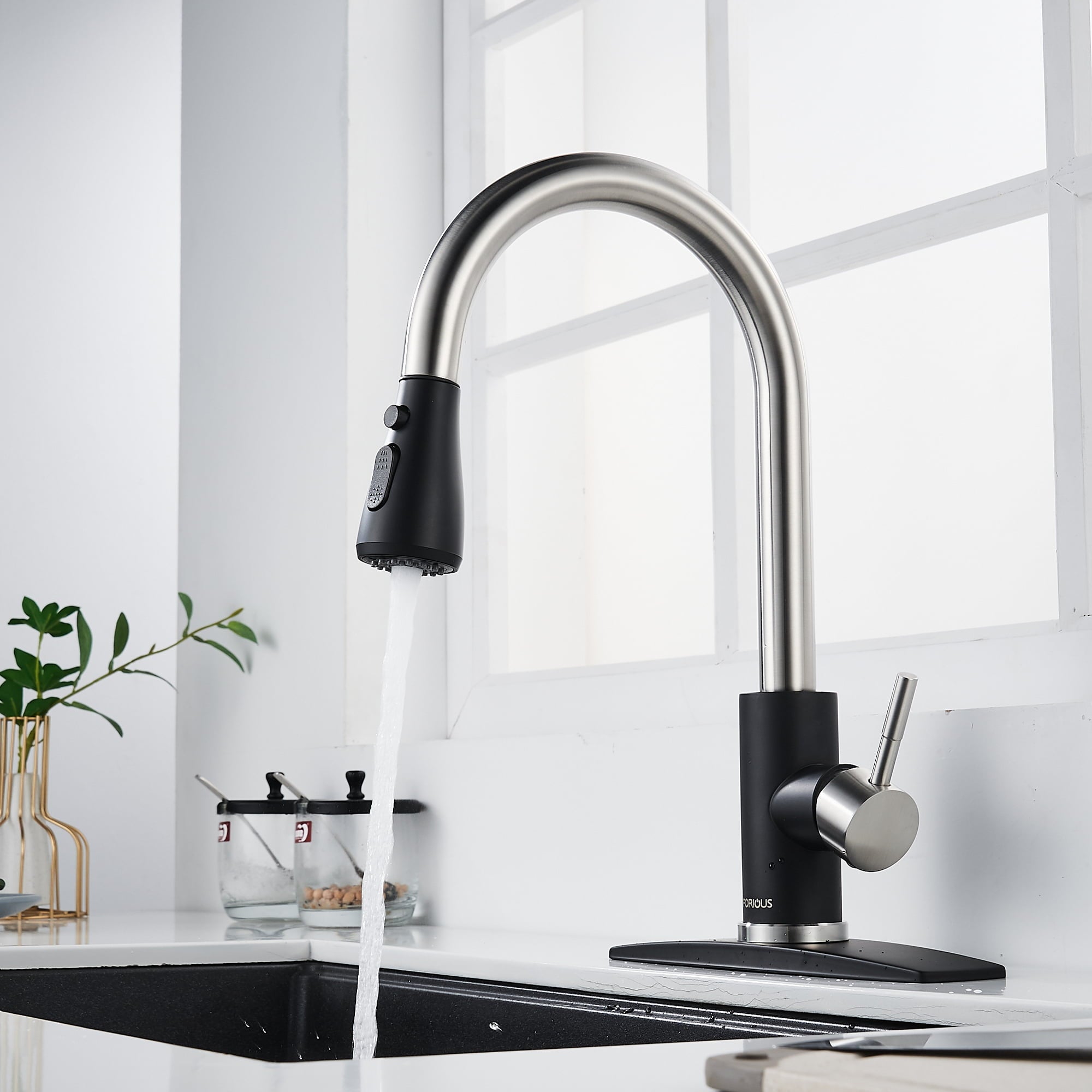 Forious Kitchen Faucet with Pull Down Sprayer Single Handle Brush Black in Kitchen