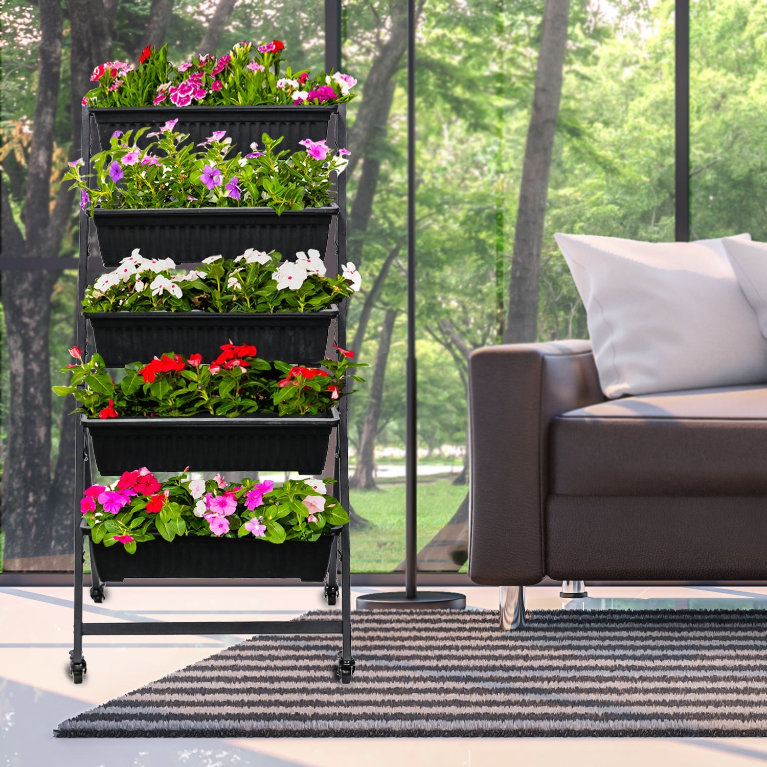 CERBIOR Vertical Garden Raised Garden Bed 4FT Freestanding Elevated Planters with 5 Container Boxes, Good for Patio Balcony Indoor Outdoor (Black)