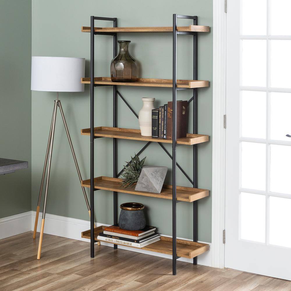 Walker Edison Furniture Company 68 in. BarnwoodBlack Metal 5-shelf Etagere Bookcase with Open Back HDS68UPBW