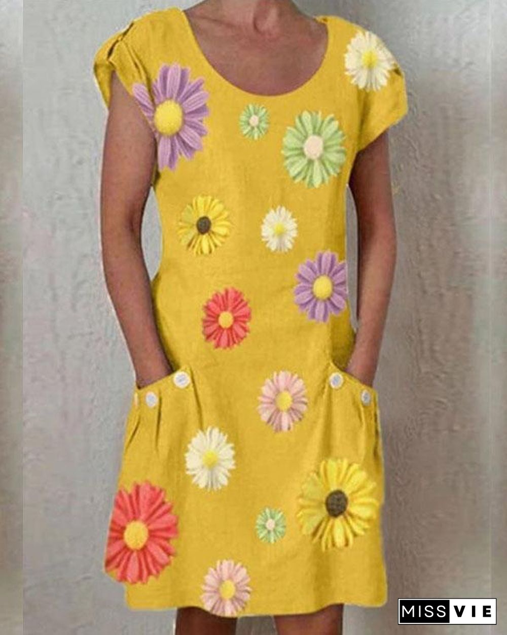 Yellow Short Sleeve Floral-Print Dresses