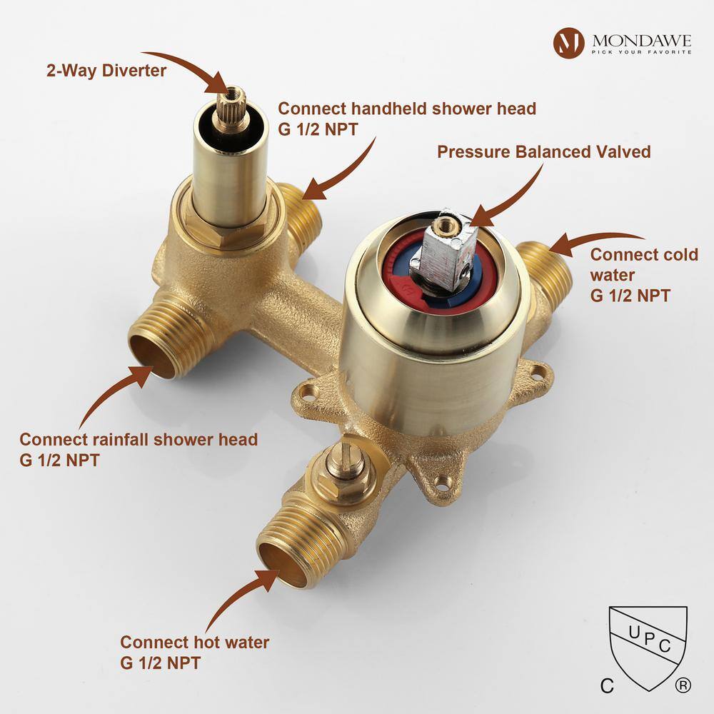 Mondawe Round 1-Spray Patterns Balance Valve Shower Faucets Set with 2.5 GPM 10 in. Ceiling Mount Dual Shower Heads in PVD Gold AM-S133AC-10BG