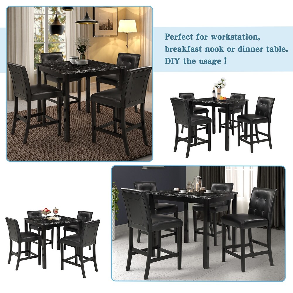 Modern 5 Piece Solid Wood Dining Set with Marbleized Wooden Table and 4 Tufted Leather Upholstery Chairs